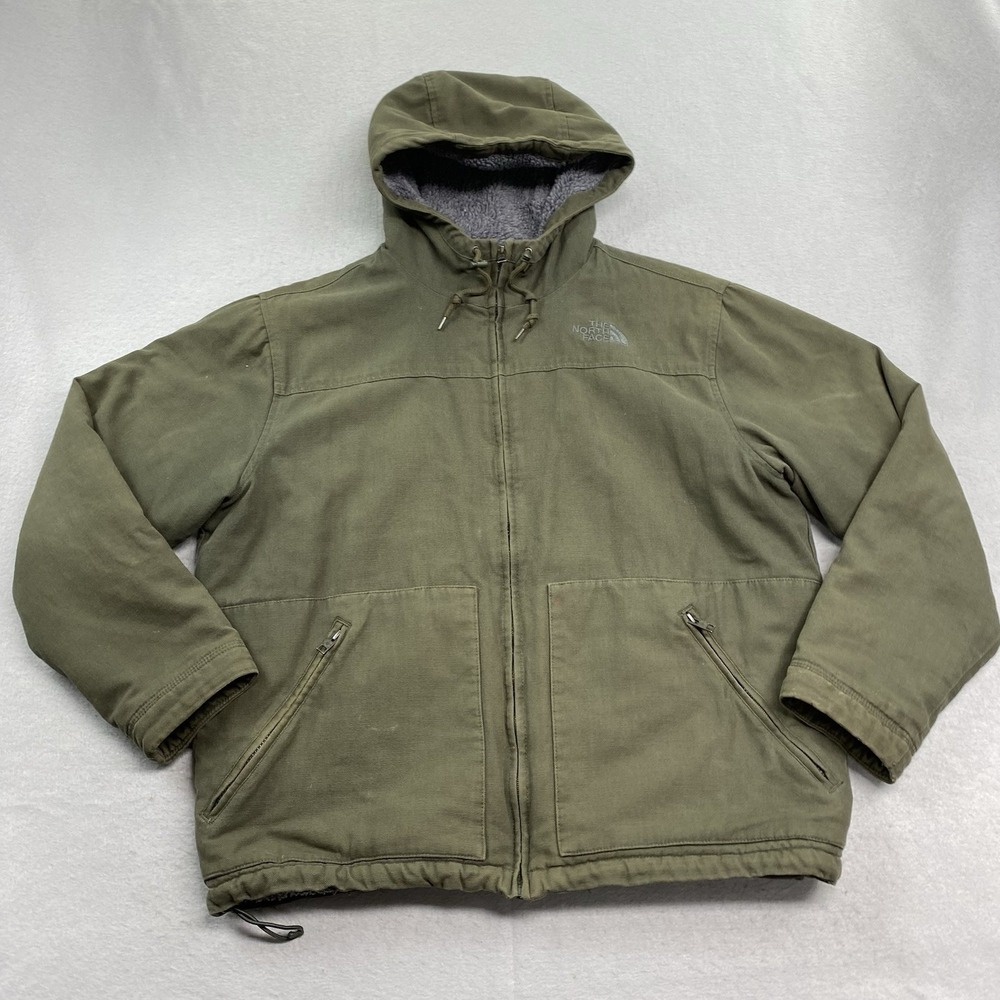 Vintage Ther North Face Jacket Mens Large Green Canvas Full Zip Hooded Sherpa